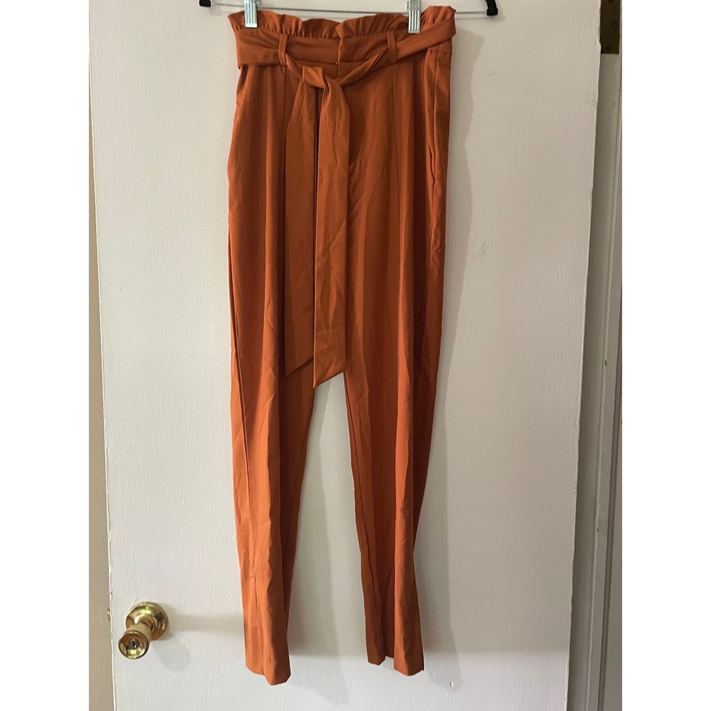 Lulus Rust Orange Paperbag Waist Tie Front Tapered Pants Small Y14717